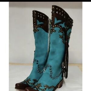 Studded Blue and Brown Women's Boots